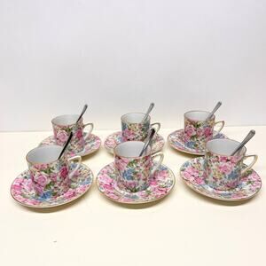Vintage Royal Crown Porcelain Demitasse Espresso Cups & Saucers w Spoon Set of 6